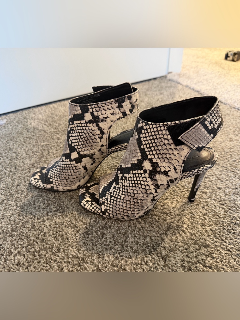 Vince Camuto Black & White Snake-Print Peep-Toe Stiletto Booties